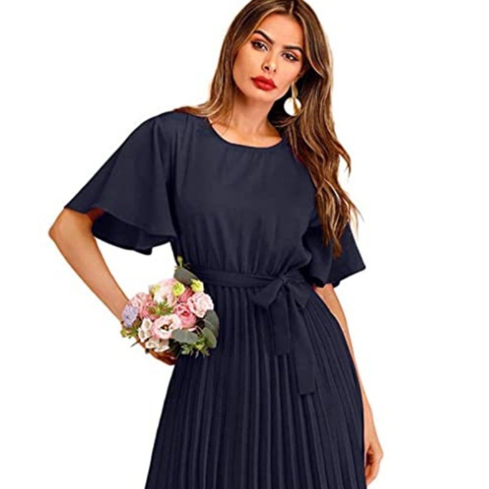 Milumia Women's Elegant Belted Pleated Flounce Sleeve Long Dress